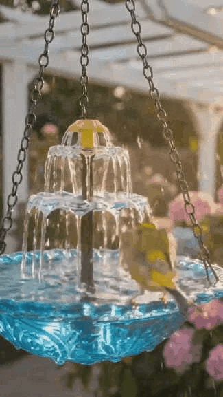Solar bird bath fountain in action